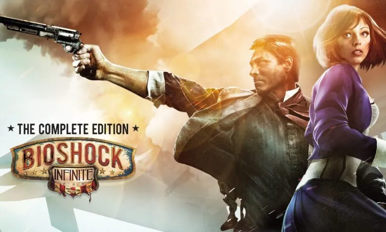 Booker DeWitt aims a pistol with Elizabeth looking on, promoting BioShock Infinite Complete Edition.