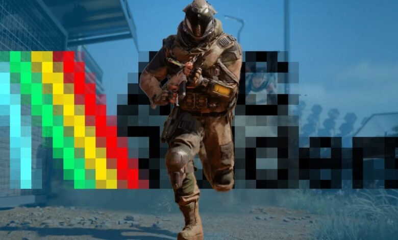 Soldier in tactical gear running with a rifle, overlaid with pixelated text and a rainbow gradient.