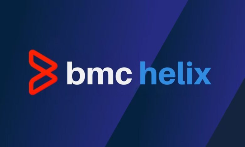 BMC Helix logo with a red abstract symbol and text on a dark blue background.