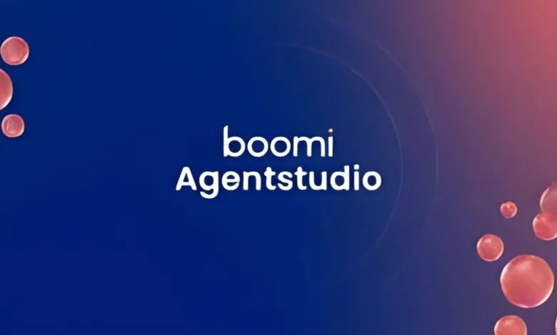 Boomi Agentstudio logo on a gradient background with abstract bubbles.