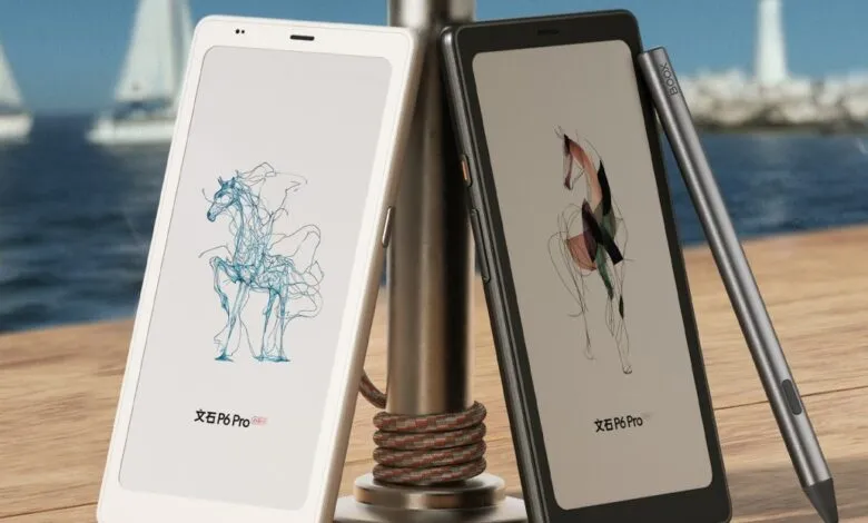 Two BOOX e-readers, one white and one black, with stylus, displayed outdoors with sailboats in the background.