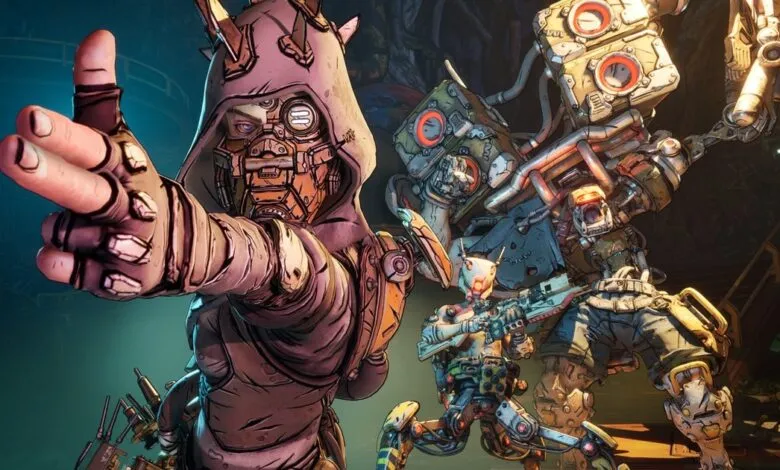 A character in a hooded outfit makes a finger gun gesture, with a robotic companion behind them.