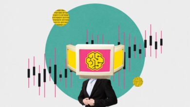 Person in suit with a computer monitor head displaying an AI brain logo, against a backdrop of stock charts and binary code.