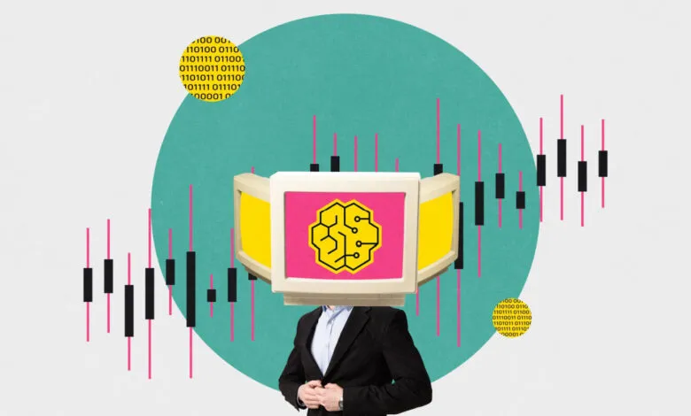 Person in suit with a computer monitor head displaying an AI brain logo, against a backdrop of stock charts and binary code.