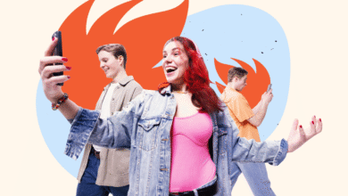 Three young people engrossed in their smartphones, with abstract flame graphics in the background.