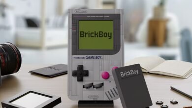 A LEGO-style Nintendo Game Boy with 'BrickBoy' displayed on screen.