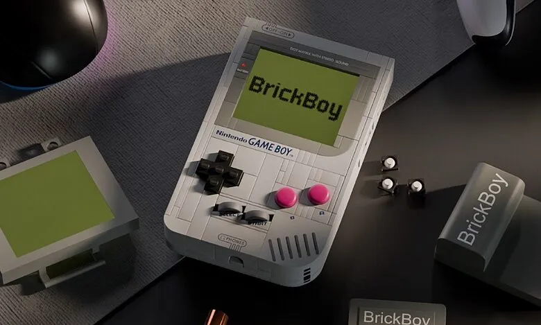 A detailed LEGO-style replica of a Nintendo Game Boy with 'BrickBoy' displayed on its screen.