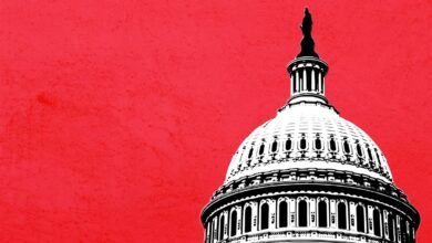 Close-up of the U.S. Capitol dome against a vibrant red background.