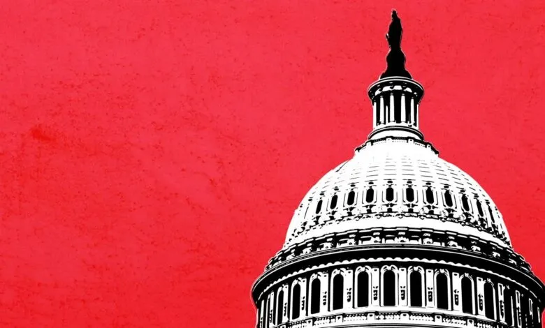 Close-up of the U.S. Capitol dome against a vibrant red background.