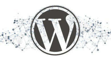 WordPress logo with a network of interconnected dots and lines.
