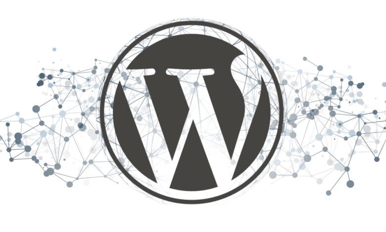 WordPress logo with a network of interconnected dots and lines.