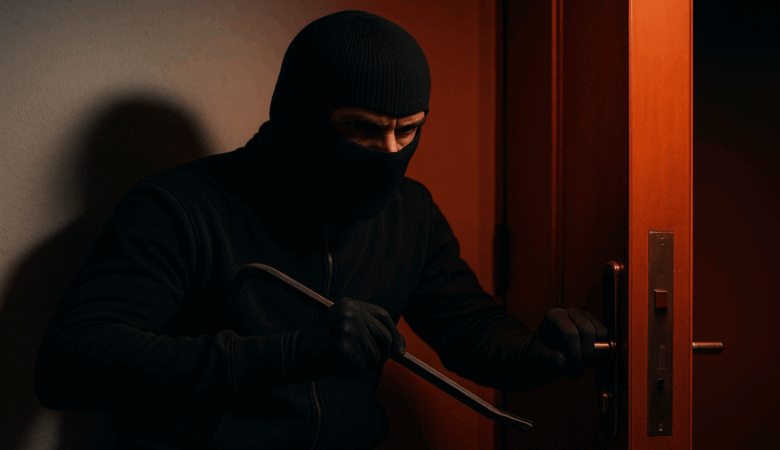 A burglar wearing a black balaclava and gloves attempts to break into a door with a crowbar.