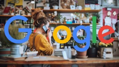Woman on phone in a shop with Google logo overlaid