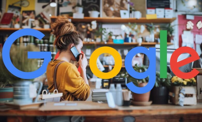 Woman on phone in a shop with Google logo overlaid