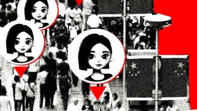 Stylized avatars of women overlaid on a grainy image of a crowd and Chinese flags.