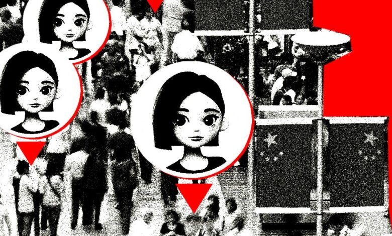 Stylized avatars of women overlaid on a grainy image of a crowd and Chinese flags.