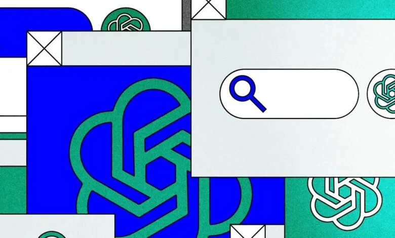 Abstract graphic with OpenAI logo and search bar elements in blue and green.