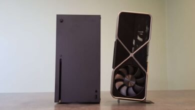 Xbox Series X console next to a high-end NVIDIA graphics card.