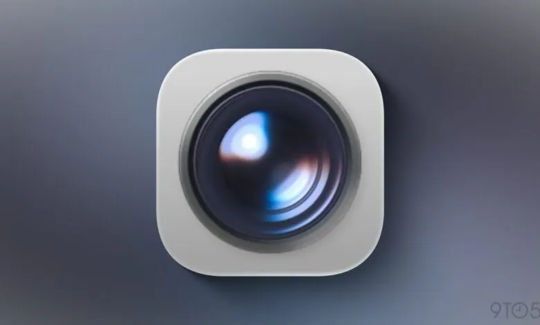 Close-up of an iOS camera app icon with a detailed lens.