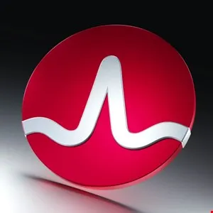 Red circular logo with a silver abstract waveform design.