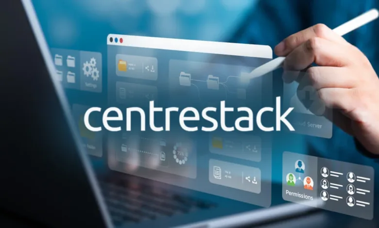 Person interacting with a digital interface displaying Centrestack software features.