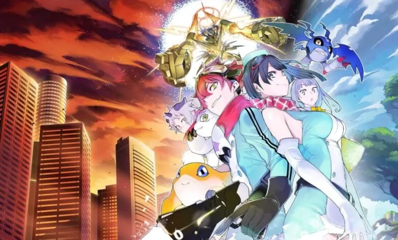 Anime characters and Digimon stand before a cityscape and a giant robot.