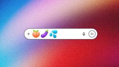 Search bar with peach, eggplant, and water drop emojis, plus microphone and voice input icons.