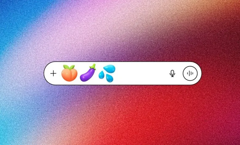 Search bar with peach, eggplant, and water drop emojis, plus microphone and voice input icons.