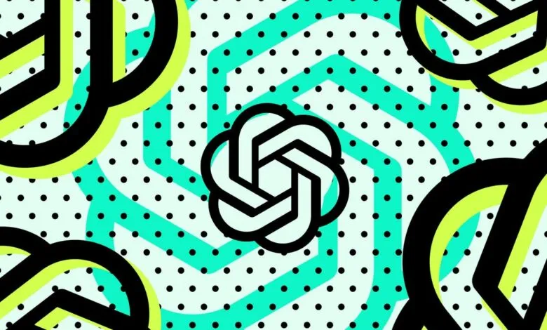 OpenAI logo with abstract geometric patterns and polka dots.