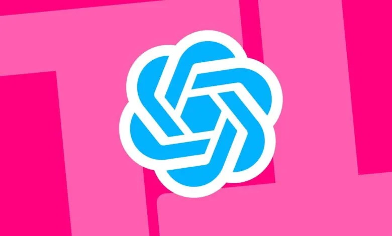 OpenAI logo in blue and white on a pink background