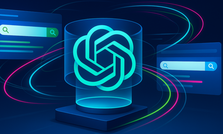 OpenAI logo within a glowing cylinder, surrounded by search interfaces and data streams.