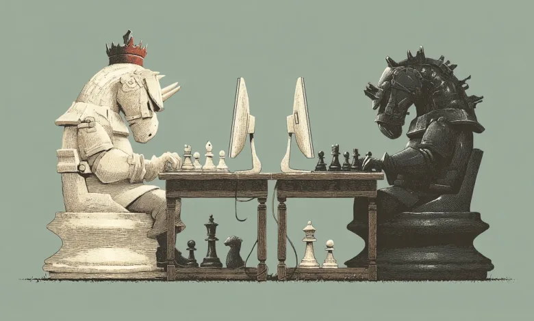 Two chess pieces, a white rhino king and a black knight, playing chess on computers.