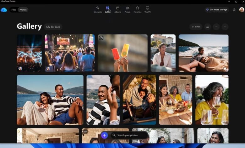 Screenshot of the OneDrive Photos app gallery view showcasing various summer memories.