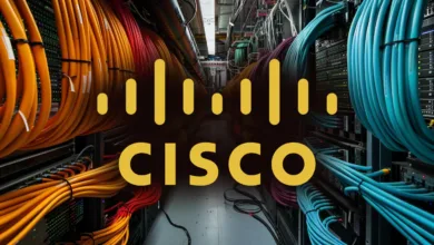 Cisco logo overlaid on a server room with colorful network cables.