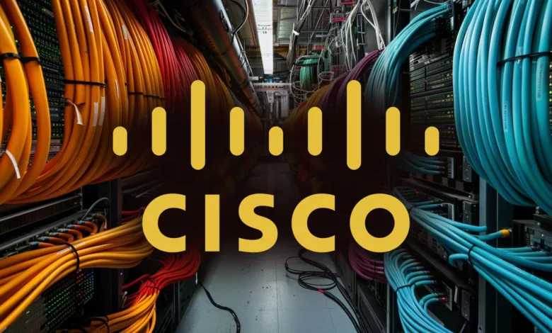 Cisco logo overlaid on a server room with colorful network cables.