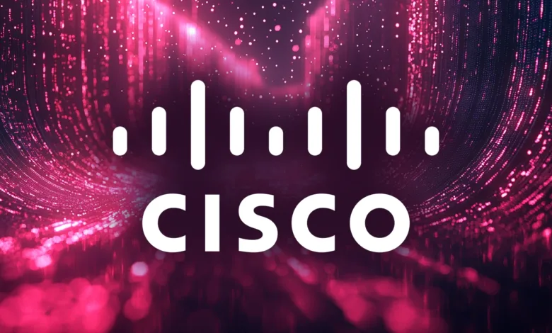 The white Cisco logo and name are displayed against a vibrant, abstract background of pink and purple lights.
