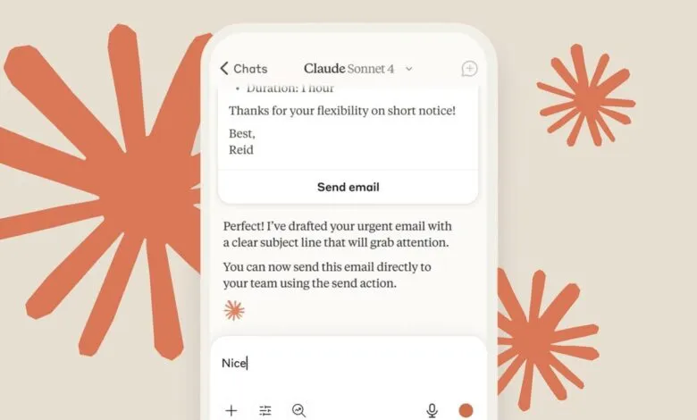 Mobile phone screen showing an AI assistant drafting an email with a send button.