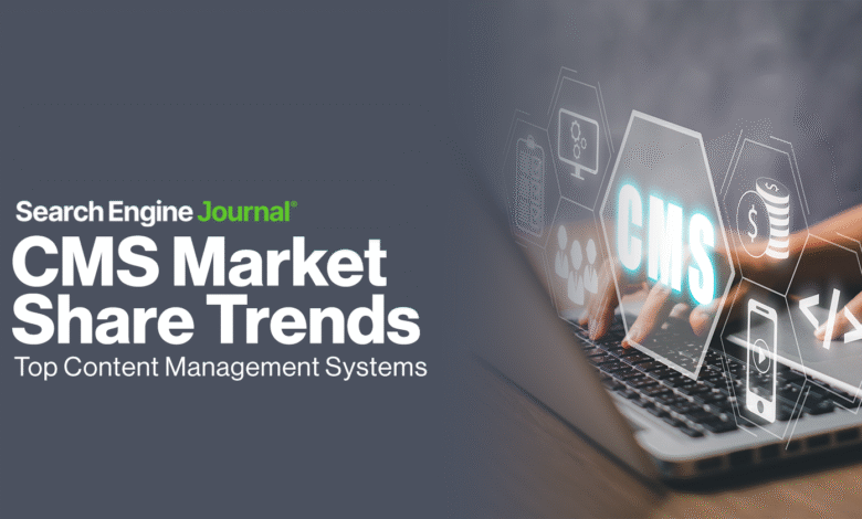 Hands typing on a laptop with CMS market share trends graphic overlay.