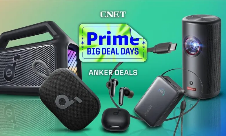 Anker audio devices and projector on a gradient background with CNET Prime Big Deal Days branding.