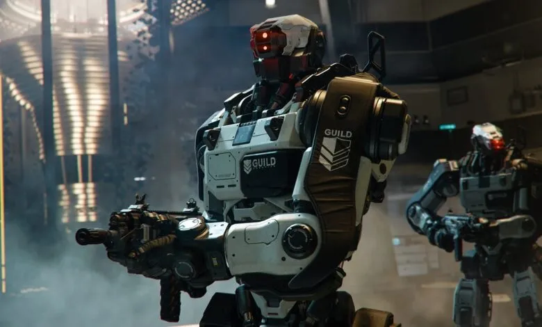 A futuristic combat robot with glowing red eyes holding a rifle.