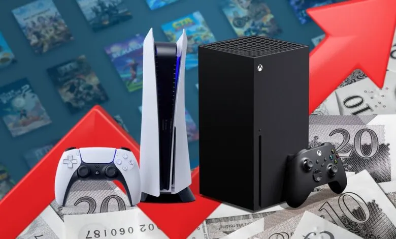 PlayStation 5 and Xbox Series X consoles with controllers, game cases, and British currency.