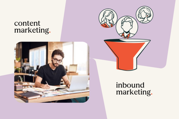 Man working at desk with laptop, contrasted with inbound marketing funnel illustration.