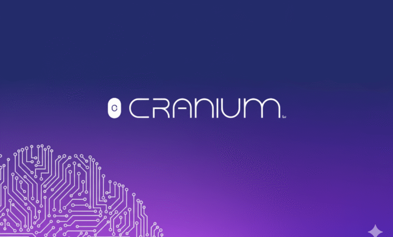Cranium logo with a circuit board pattern resembling a brain on a purple gradient background.
