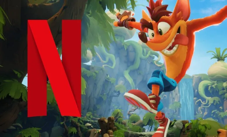 Crash Bandicoot character with Netflix logo overlay in a lush jungle setting.