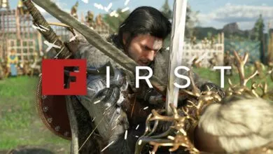 A warrior in armor with a sword and shield, with the word FIRST overlaid.