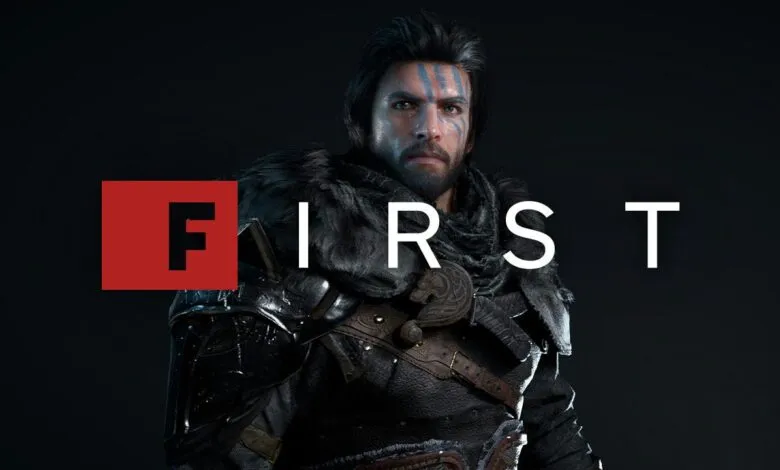 A warrior with blue face paint and fur-lined armor stands against a dark background.