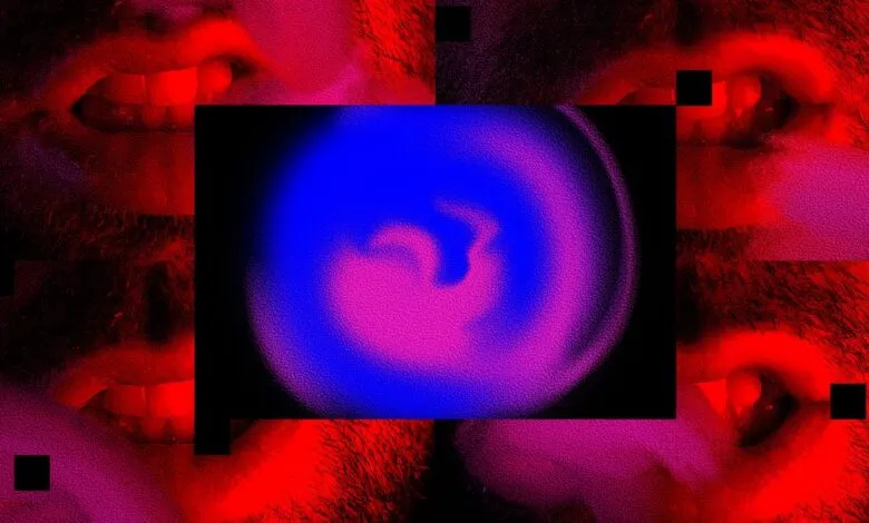 Close-up of a person's mouth and eye with abstract digital glitch effects.