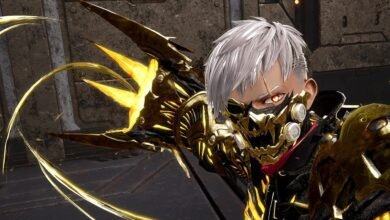Close-up of a character with white hair, red eyes, and a golden mask, wearing ornate armor.