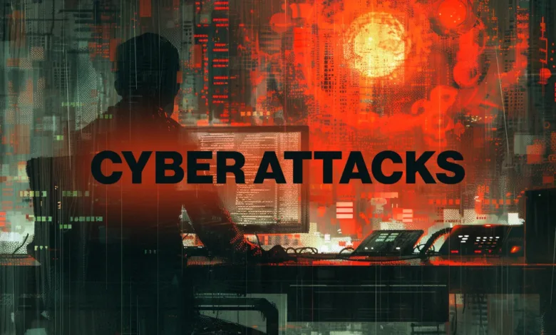 Silhouette of a person at a computer with "CYBER ATTACKS" text overlayed, set against a chaotic digital background.