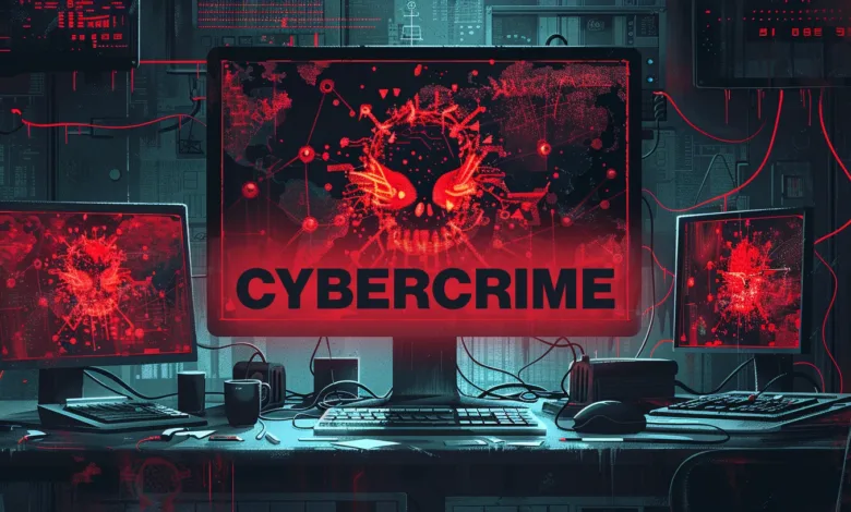 A dark room with multiple computer screens displaying red digital skull graphics and the word CYBERCRIME.